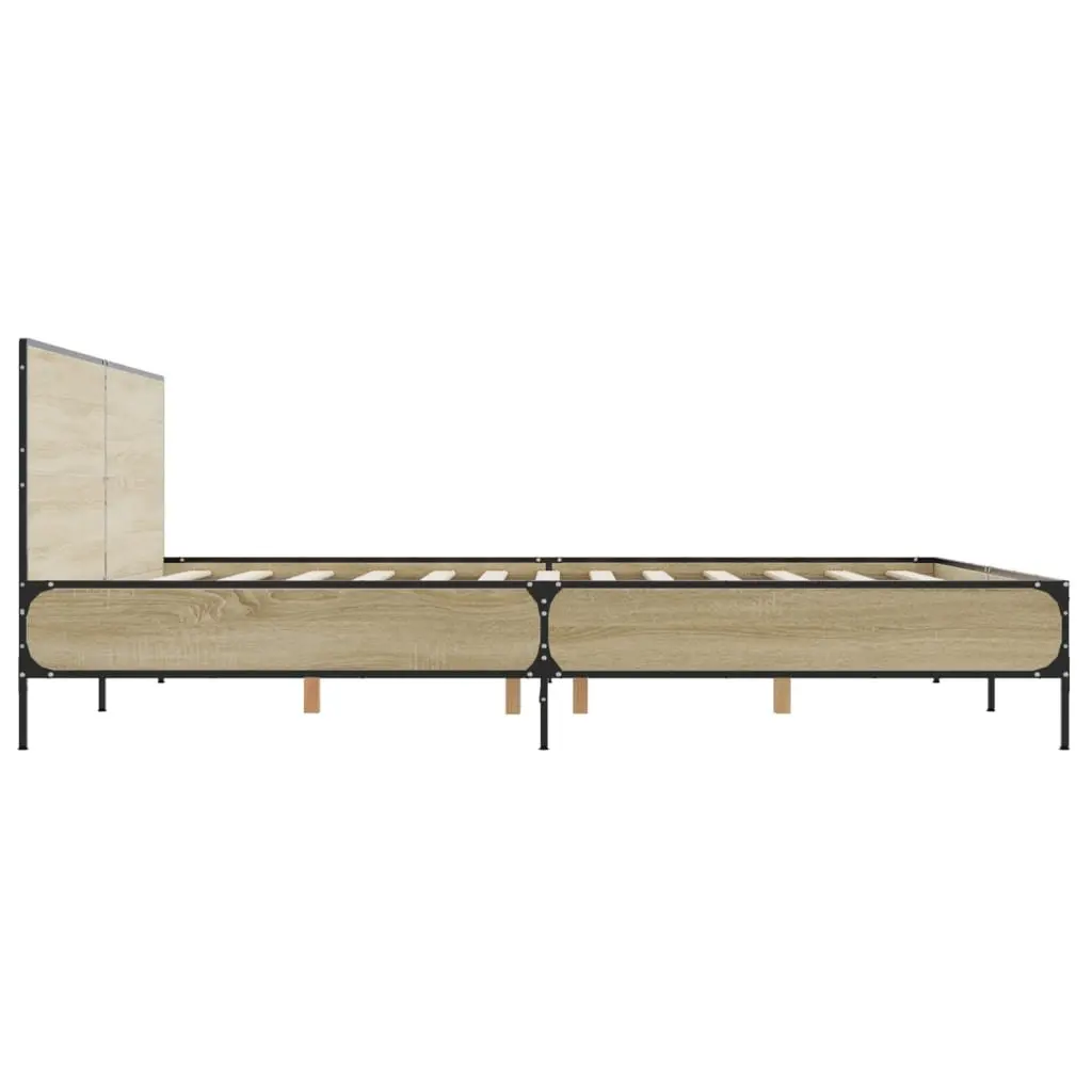 King Bed Frame 183x203cm Brown Engineered Wood Headboard Slatted Base Metal Legs