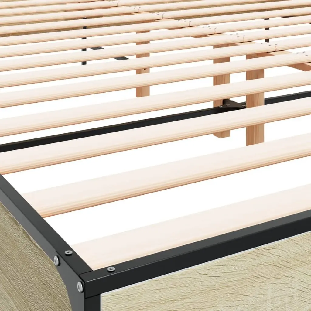 King Bed Frame 183x203cm Brown Engineered Wood Headboard Slatted Base Metal Legs