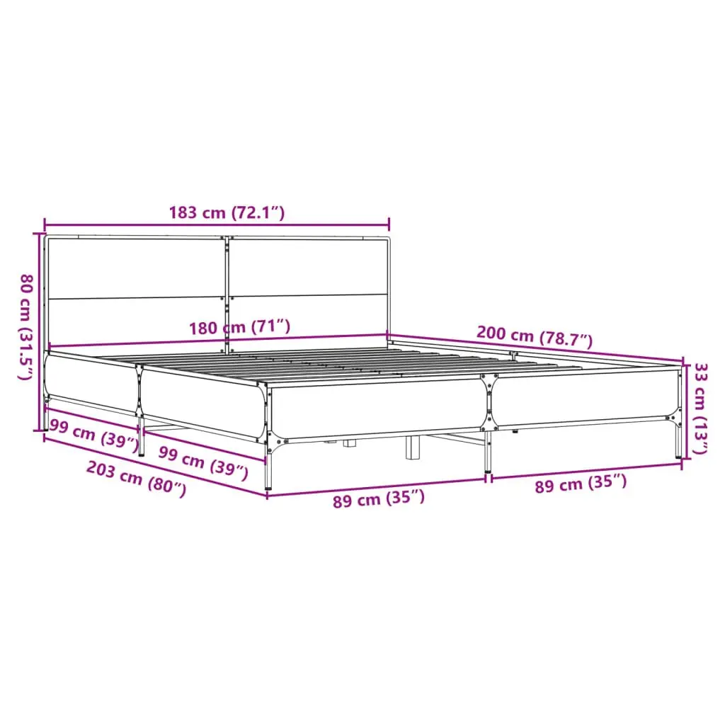 King Bed Frame 183x203cm Brown Engineered Wood Headboard Slatted Base Metal Legs