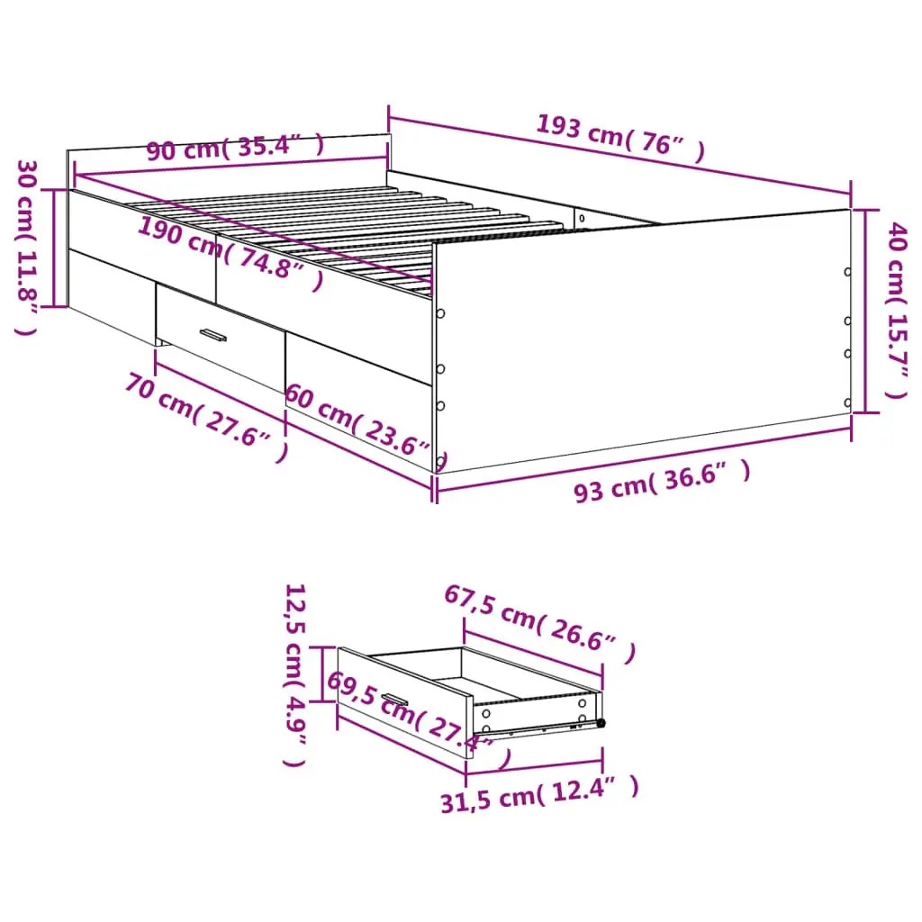 Bed Frame with Storage Drawers 90x190 cm White