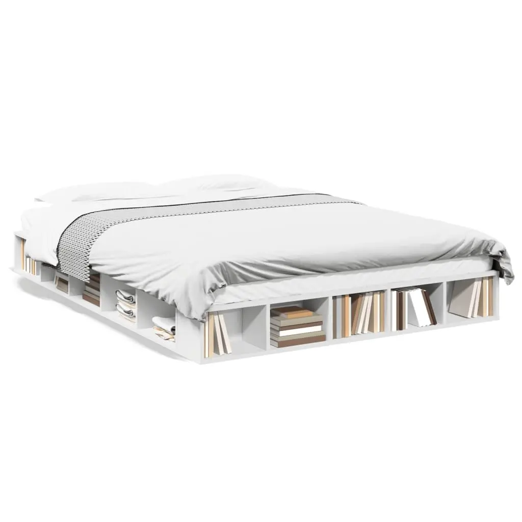 Bed Frame Queen Size 150x200 cm White Slatted Base Storage Compartments
