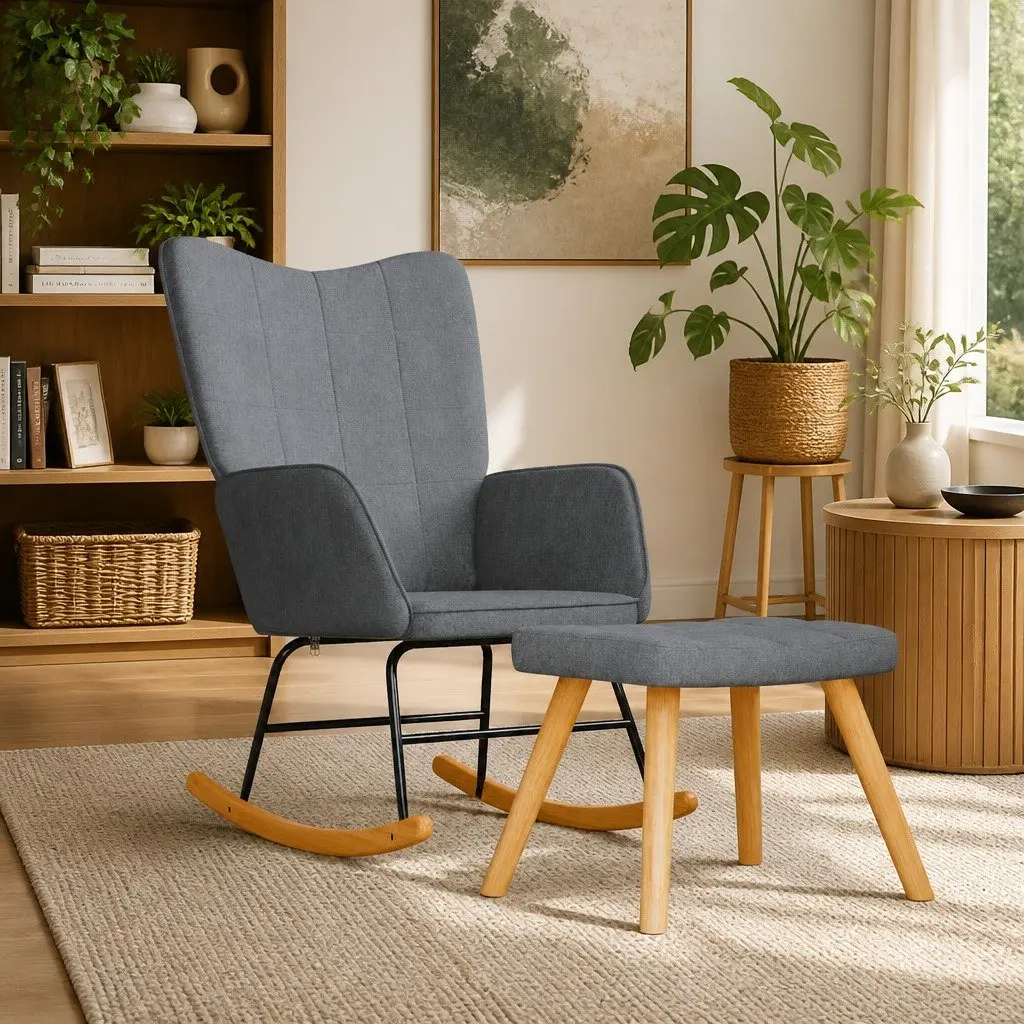 Grey Rocking Chair with Stool for Comfort