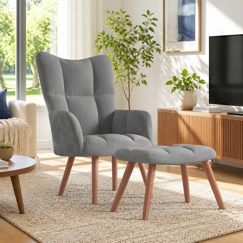Armchair Footstool Relaxing Light Grey Velvet Upholstered Living Room