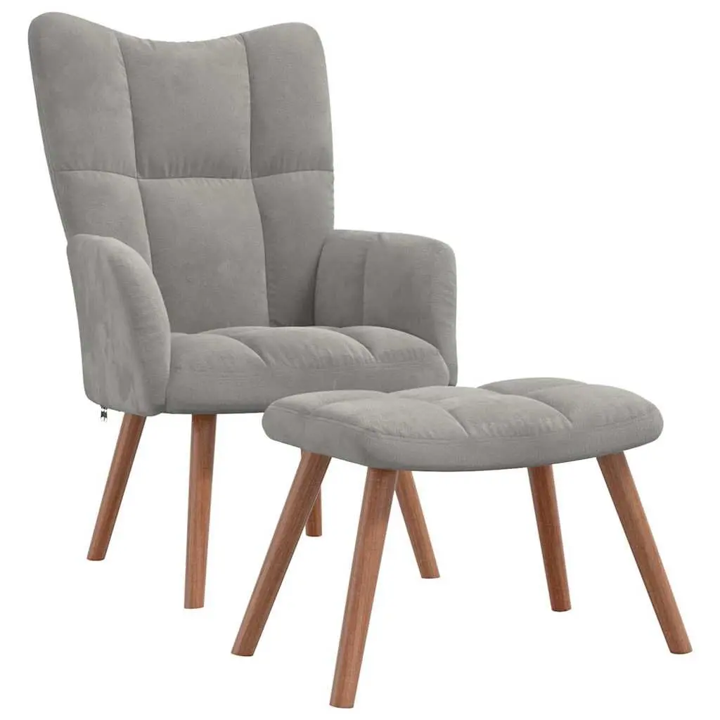 Armchair Footstool Relaxing Light Grey Velvet Upholstered Living Room