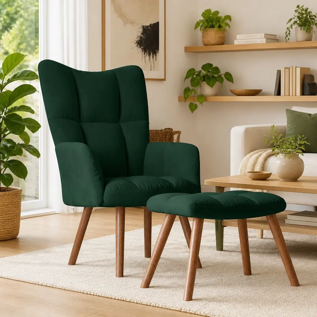 Green Velvet Chair and Stool for Home Use