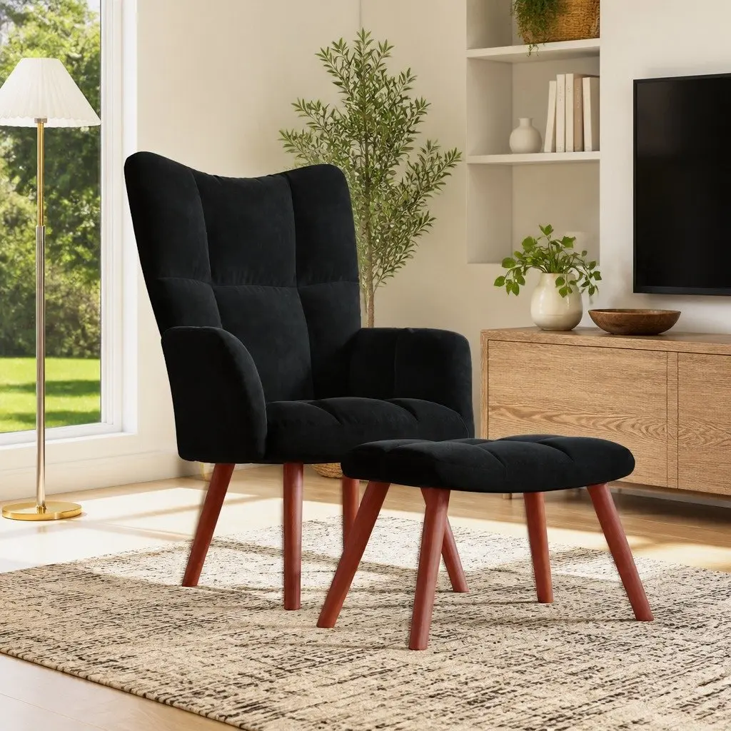 Armchair Footstool Relaxing Black Velvet Padded
