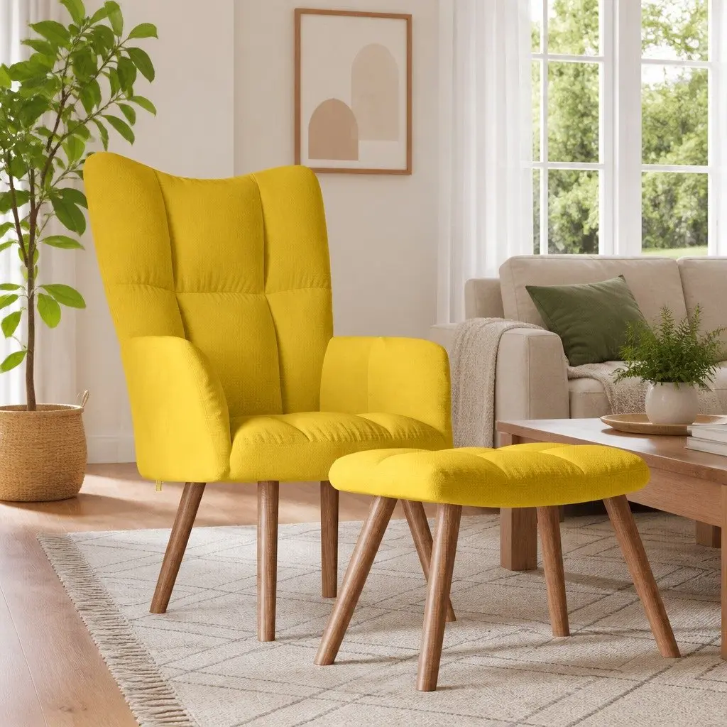 Mustard Yellow Velvet Relaxing Armchair with Footstool Padded Lounge Chair Set