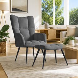 Reliable Comfort: Grey Velvet Chair with Footstool