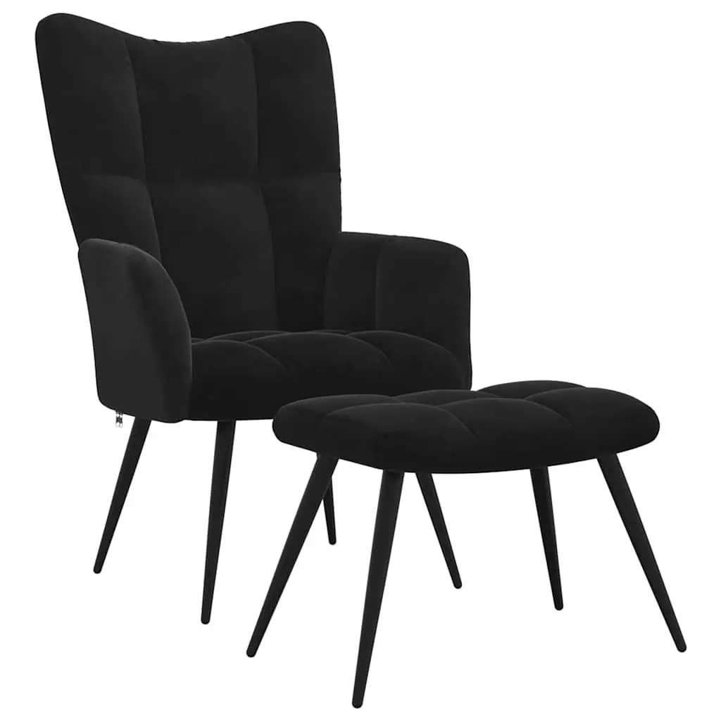 Black Velvet Armchair with Footstool Accent Chair Relaxing Lounge Chair