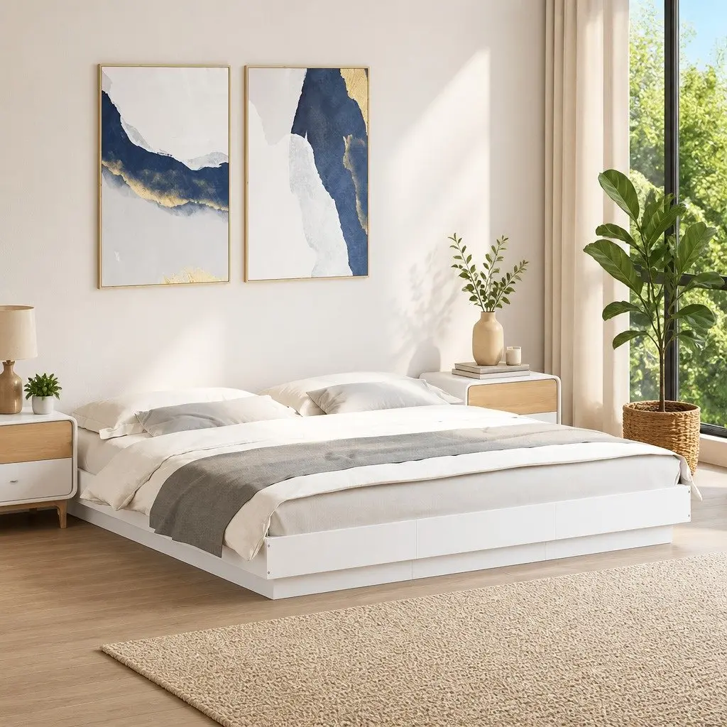 King Bed Frame with Slats and LED Lights