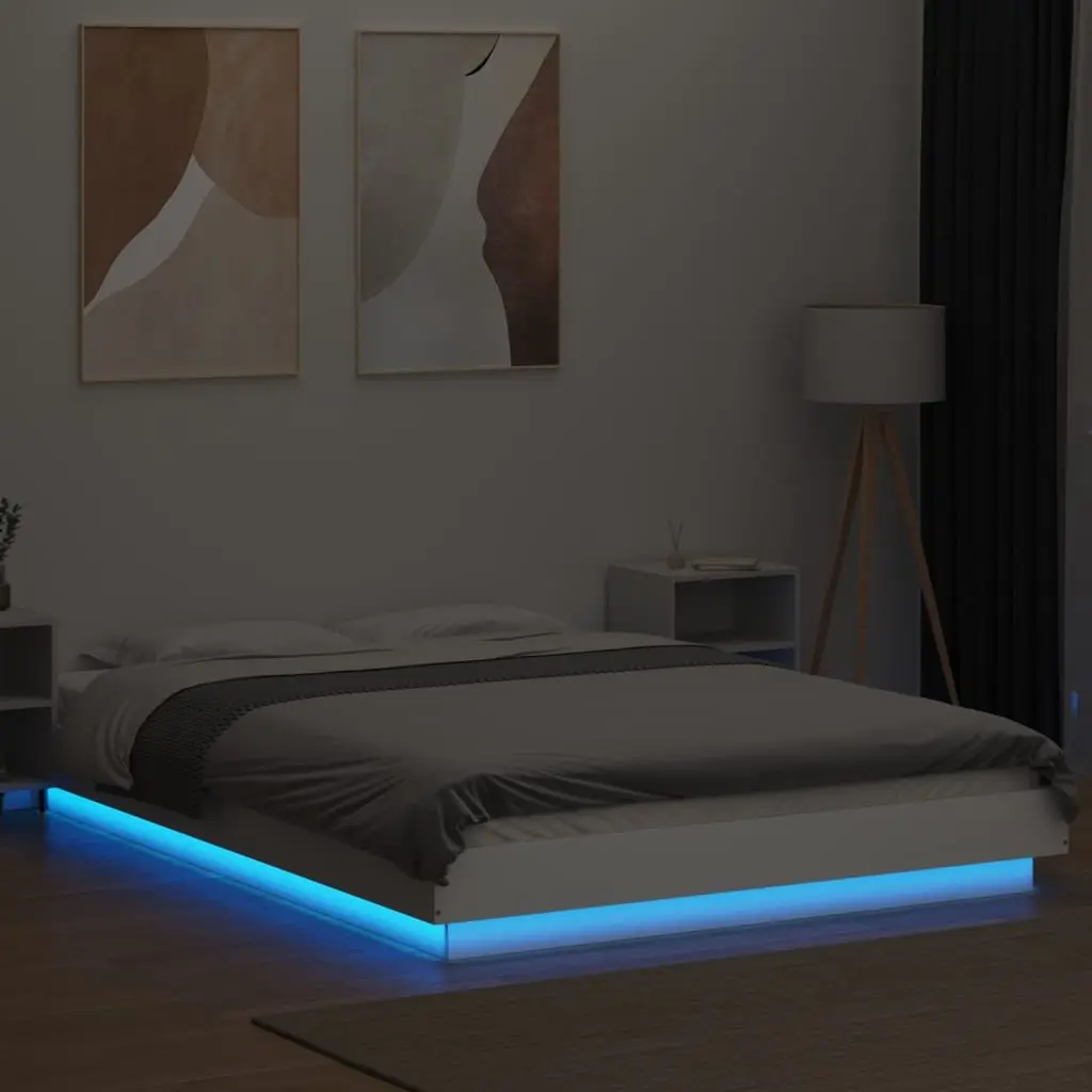 Bed Frame White Slatted Base RGB LED Lights 135x190 cm