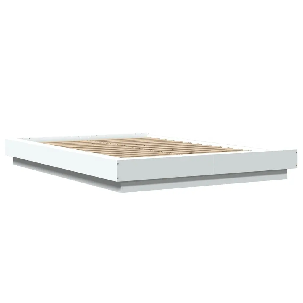 Bed Frame White Slatted Base RGB LED Lights 135x190 cm