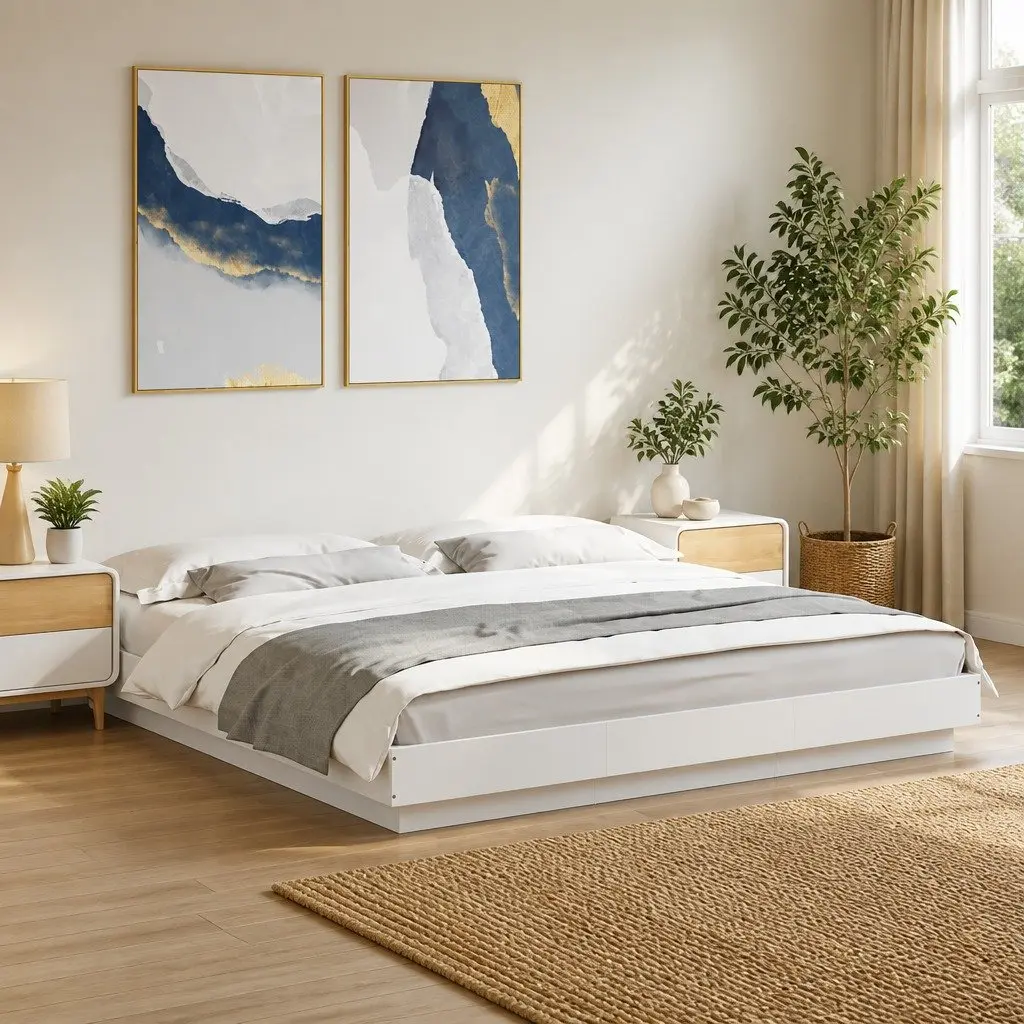 King Size Bed Frame Modern White Engineered Wood Slatted Base 183x203cm