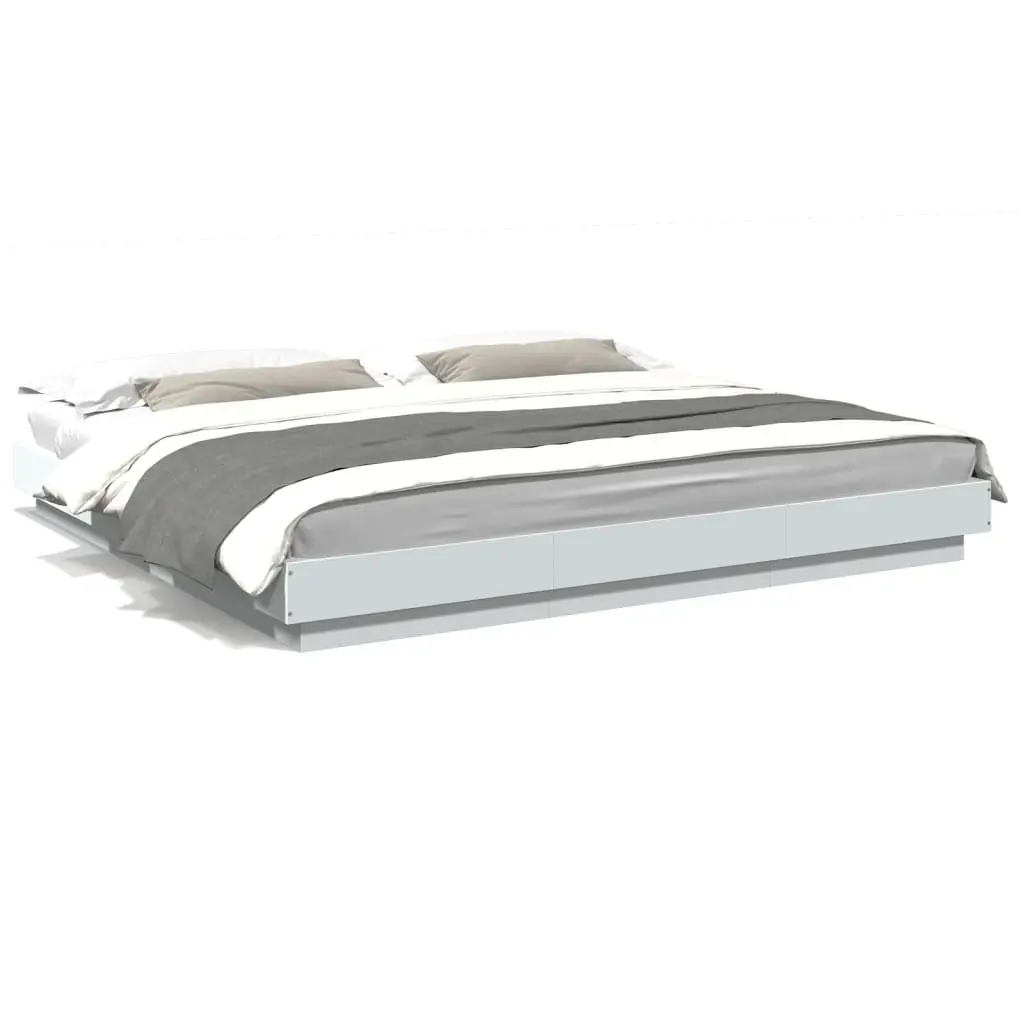 King Size Bed Frame Modern White Engineered Wood Slatted Base 183x203cm