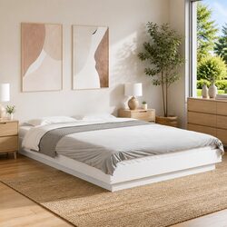 Bed Frame White 135x190 cm Modern Design Engineered Wood Slatted Base Bedroom