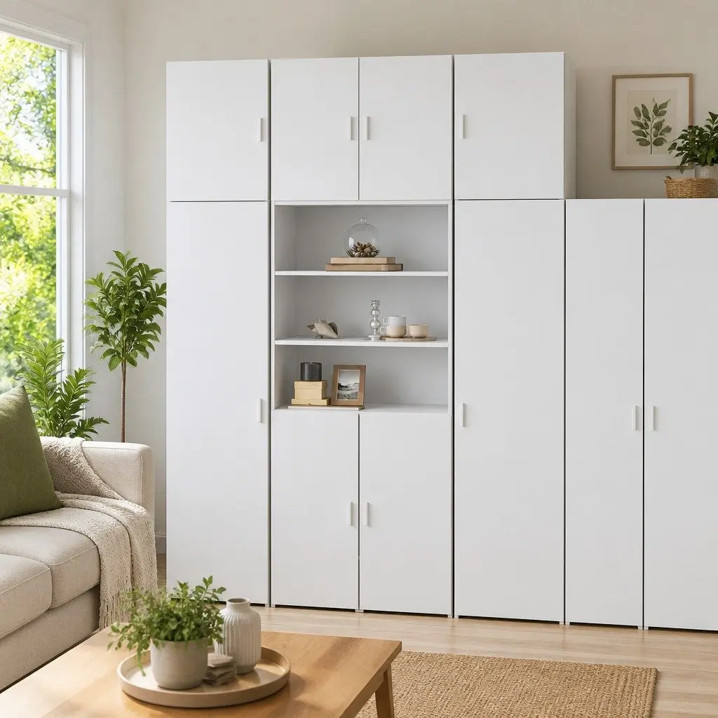 Highboard Storage Cabinet Engineered Wood White 80x42.5x249cm Multifunctional Sideboard with Open Compartments and Doors