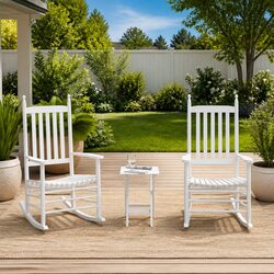 Rocking Chairs Set 2pcs with Foldable Side Table White Wooden Patio Furniture