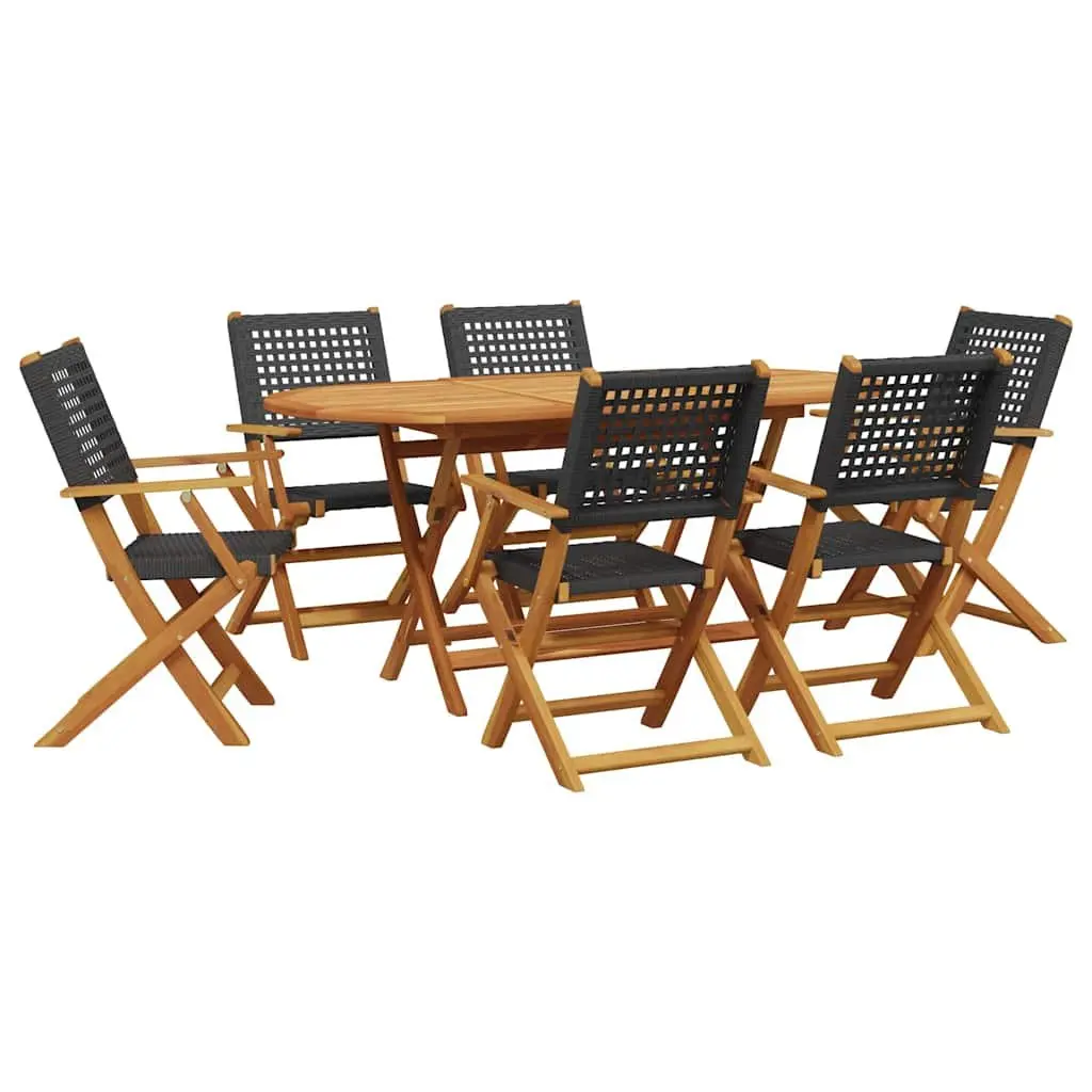 7 Piece Garden Dining Set Outdoor Furniture Black Poly Rattan Solid Wood