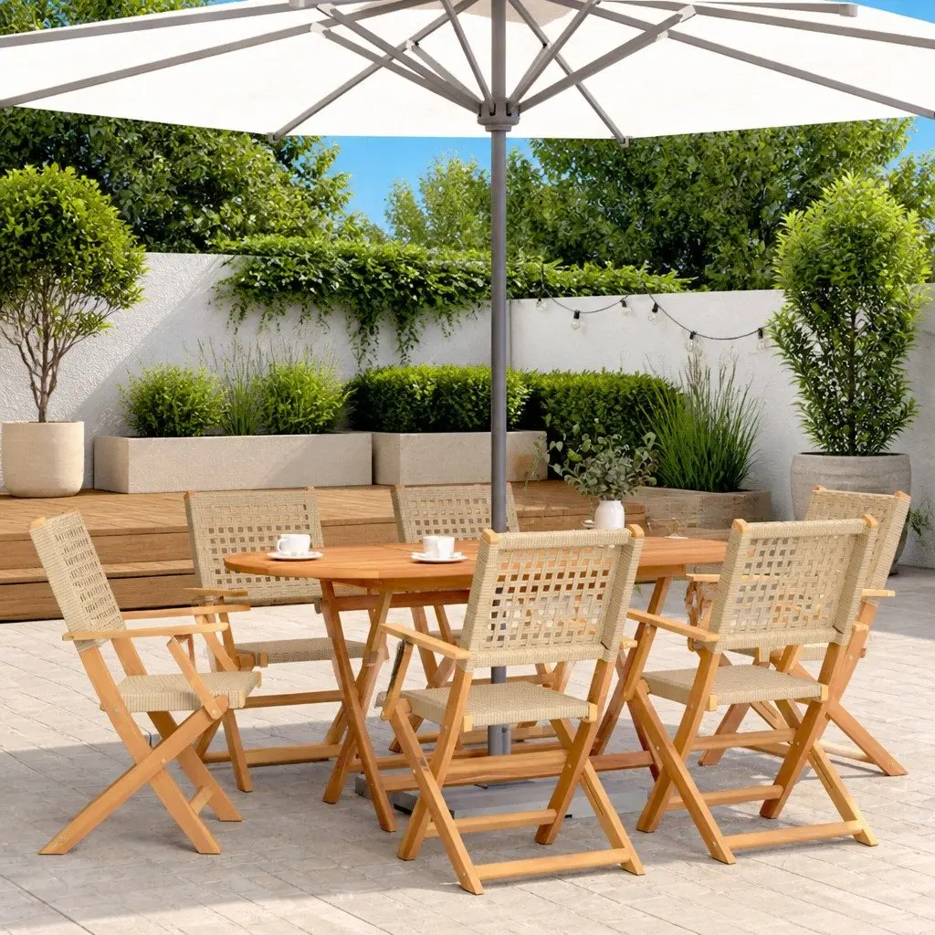 7 Piece Outdoor Garden Dining Set Acacia Wood Poly Rattan Beige