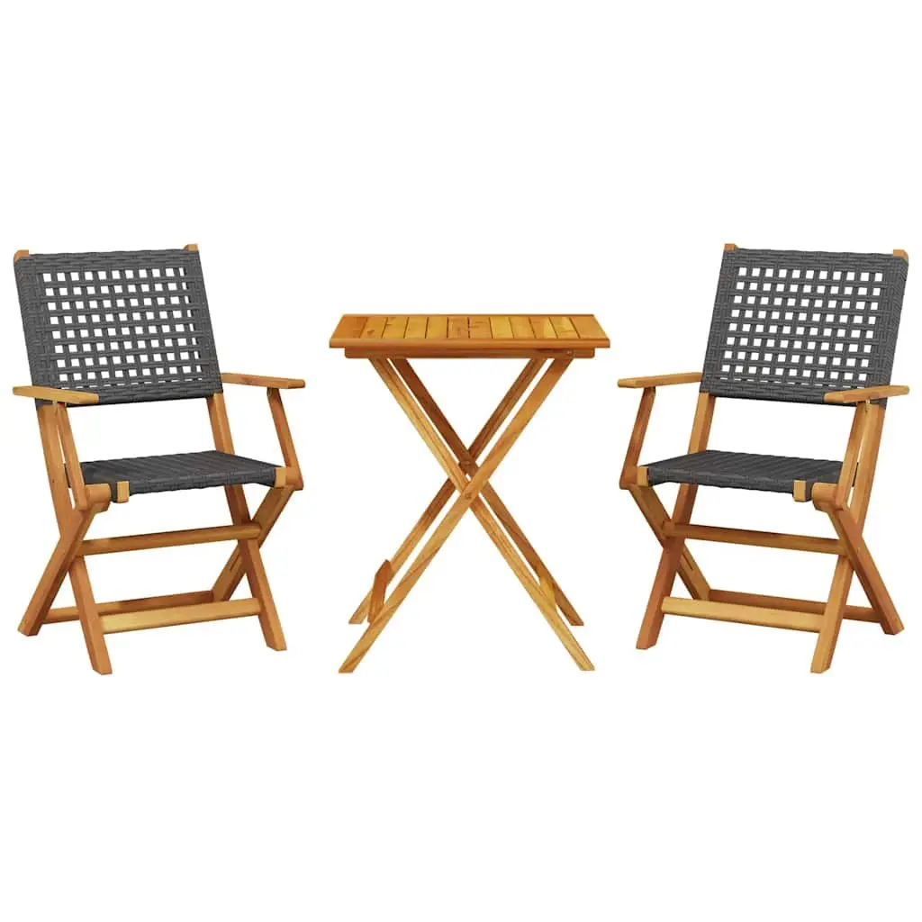 3 Piece Bistro Set Outdoor Garden Furniture Black Poly Rattan Wood Foldable