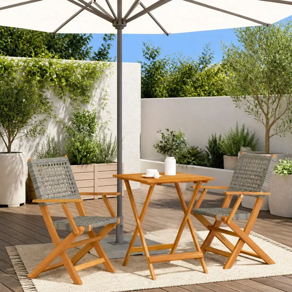 3 Piece Bistro Set Outdoor Garden Furniture Foldable Grey Poly Rattan Wood