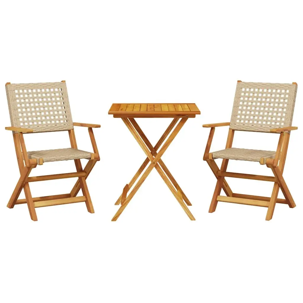 Bistro Set 3 Piece Outdoor Furniture Beige Poly Rattan Solid Wood Foldable