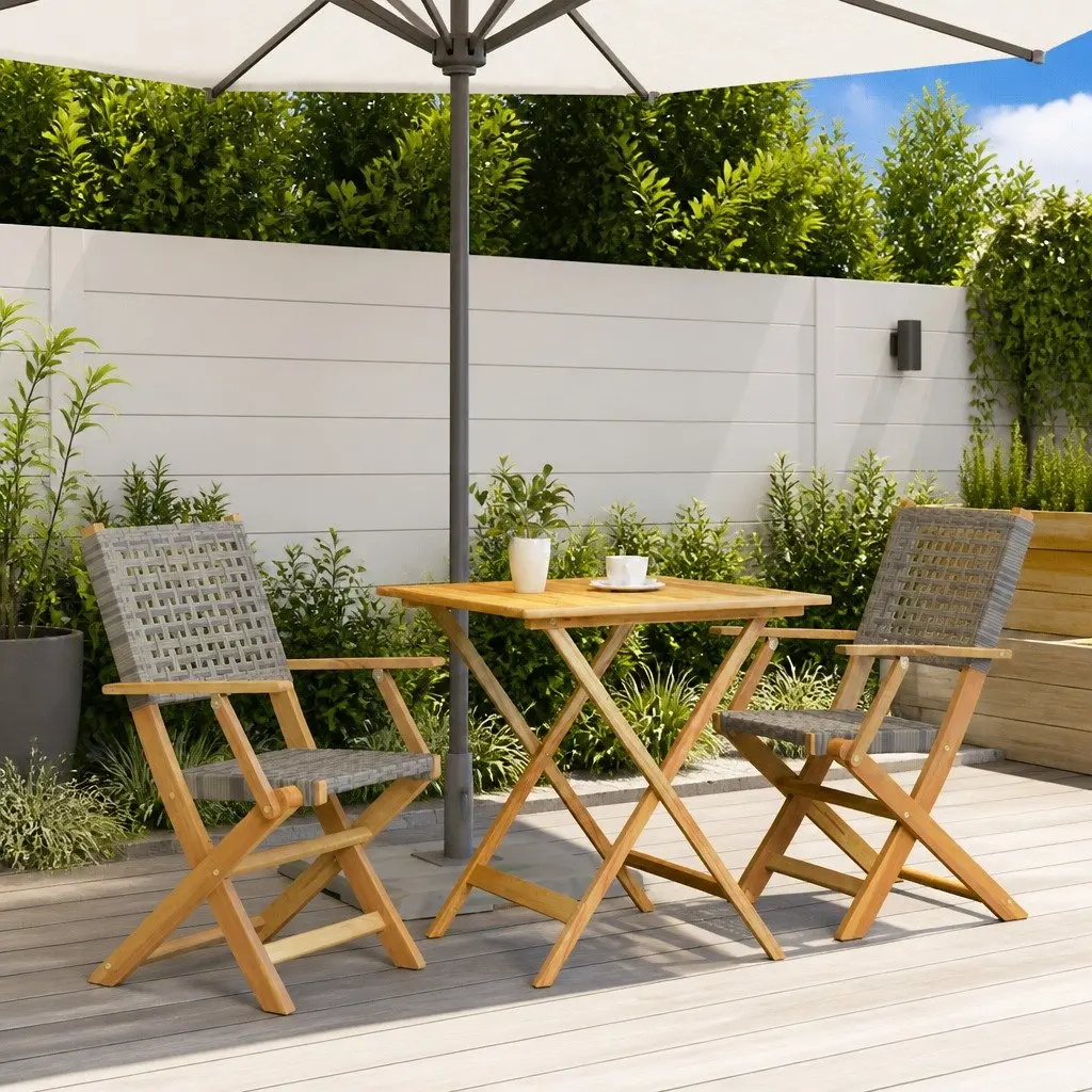 3 Piece Bistro Set Outdoor Dining Grey Poly Rattan Folding Garden Furniture