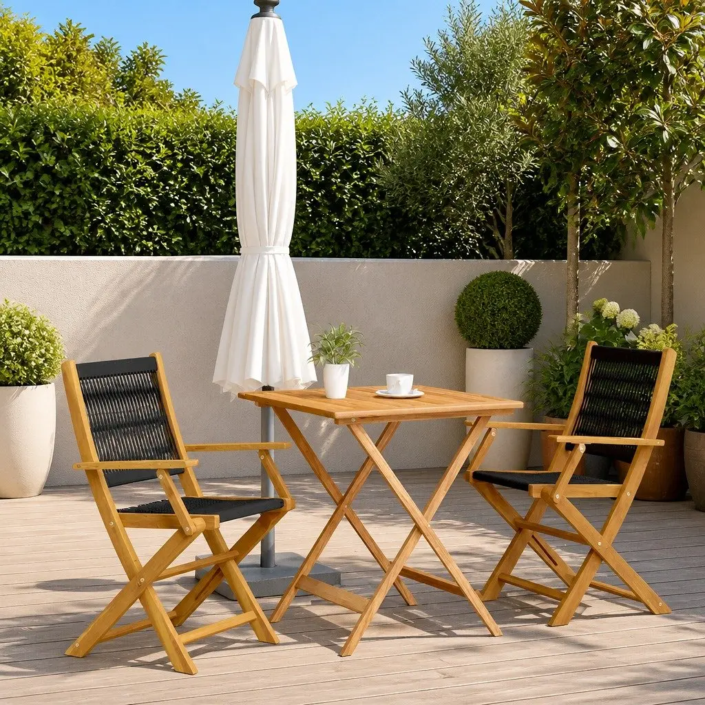 3 Piece Bistro Set Black Foldable Outdoor Garden Patio Dining Table and Chairs