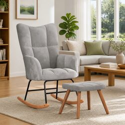 Comfortable Grey Velvet Rocking Chair with Matching Stool