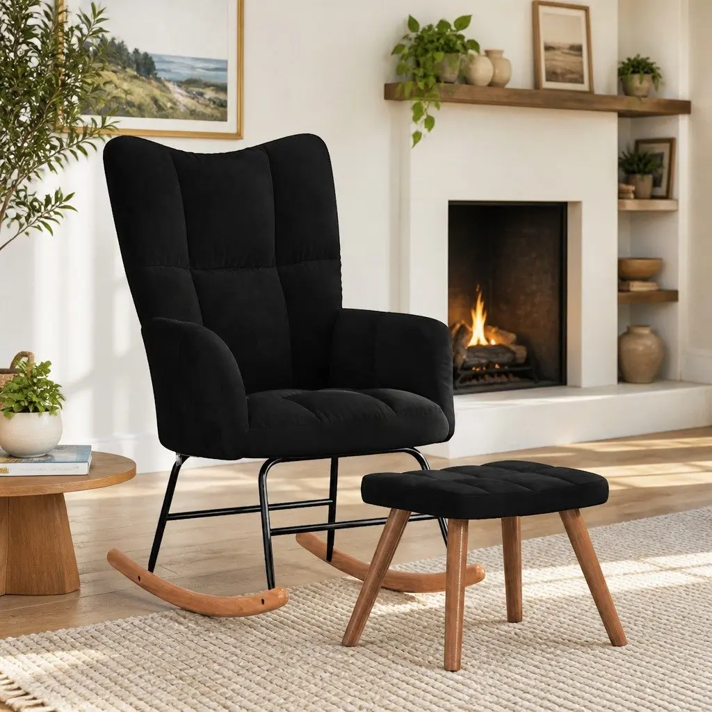 Black Velvet Rocking Chair with Stool Set