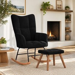 Rocking Chair with Stool Black Velvet Padded Foam Armchair Modern Living Room