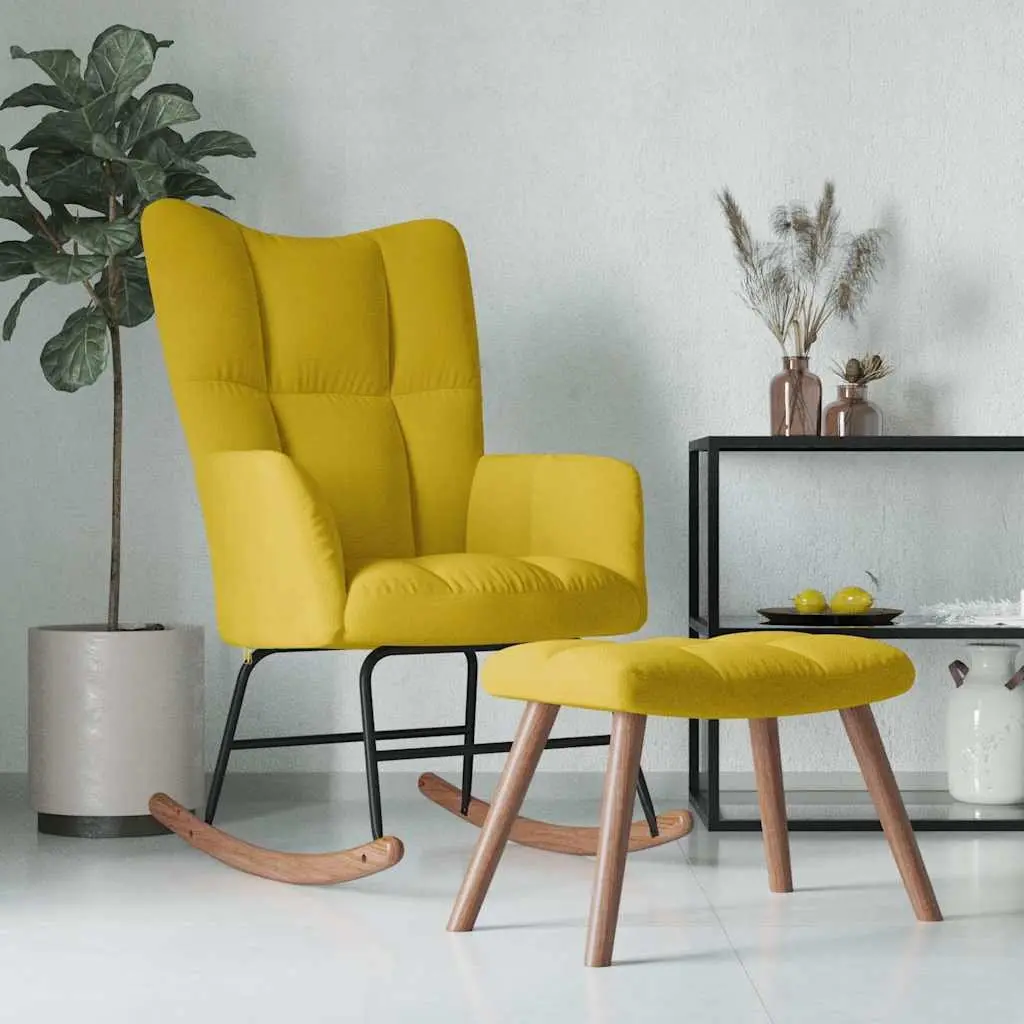 Rocking Chair with Stool Relaxing Mustard Yellow Velvet Armchair