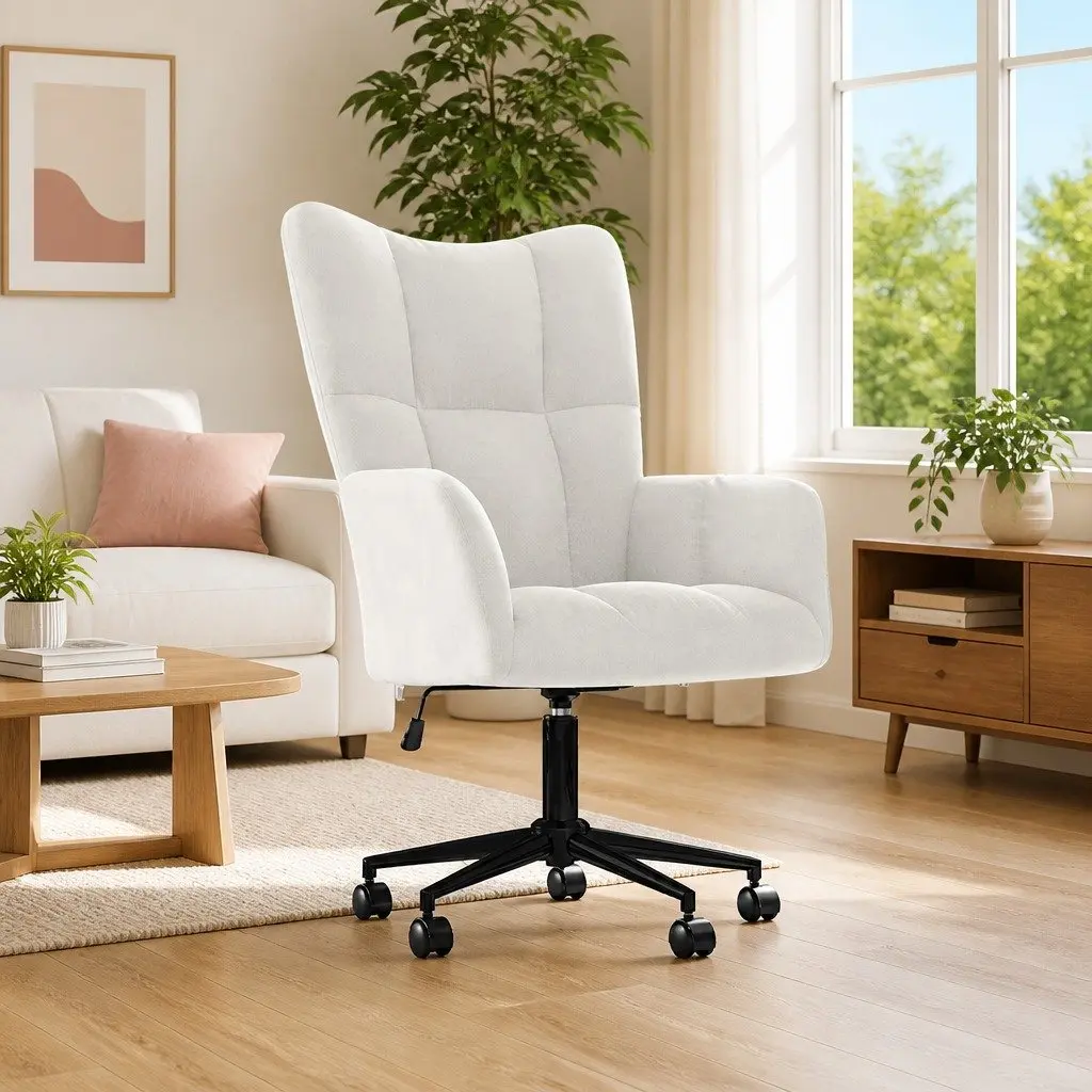 Swivel Armchair Height Adjustable Cream Velvet Upholstered Relaxing Chair