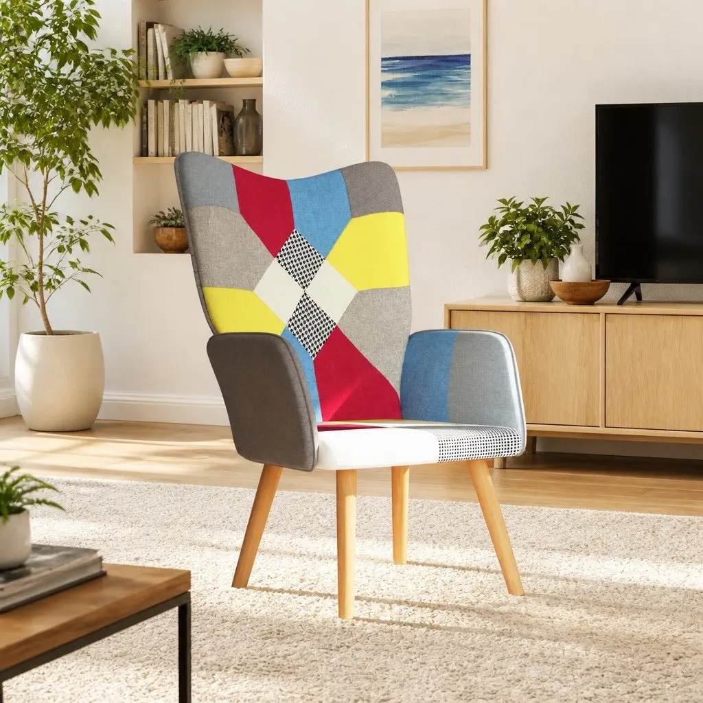 Relaxing Armchair Multicolour Patchwork Fabric Padded Foam Comfortable Lounge