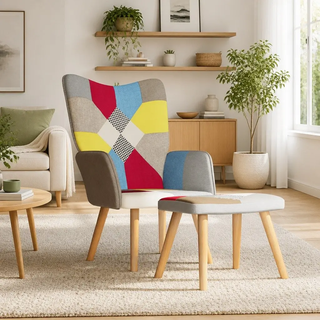 Patchwork Fabric Armchair with Stool Multicolour Relaxing Accent Chair Lounge