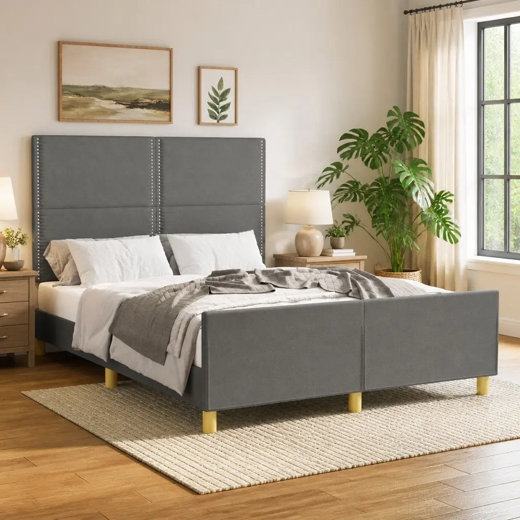 Grey Fabric Double Bed Frame with Solid Support