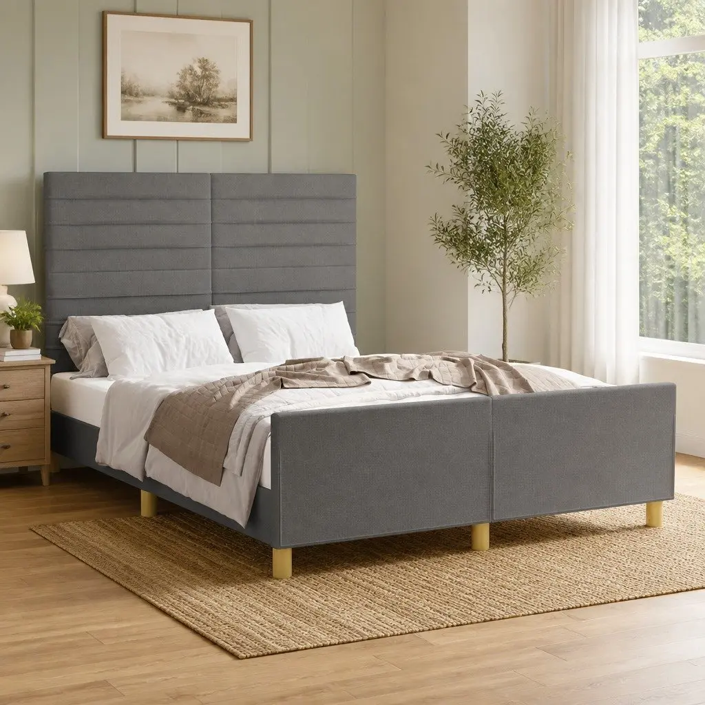Grey Fabric Double Bed Frame with Supportive Headboard