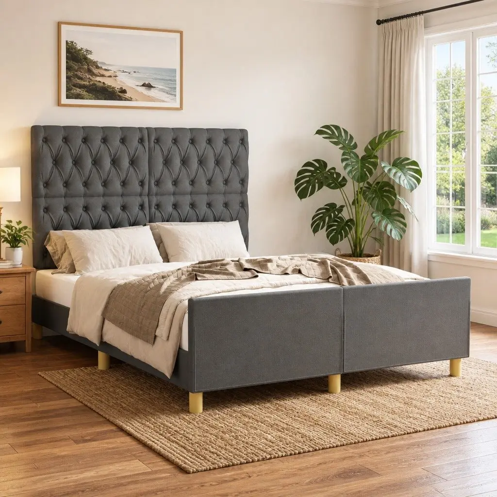 Double Bed Frame Adjustable Headboard 137x187cm Grey Fabric
