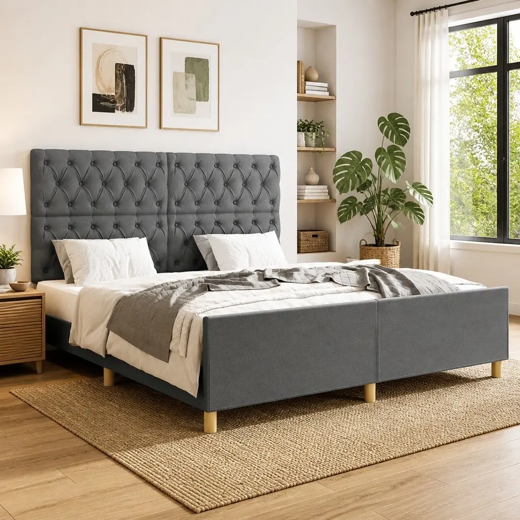 Queen Bed Frame with Grey Fabric Headboard 152x203cm