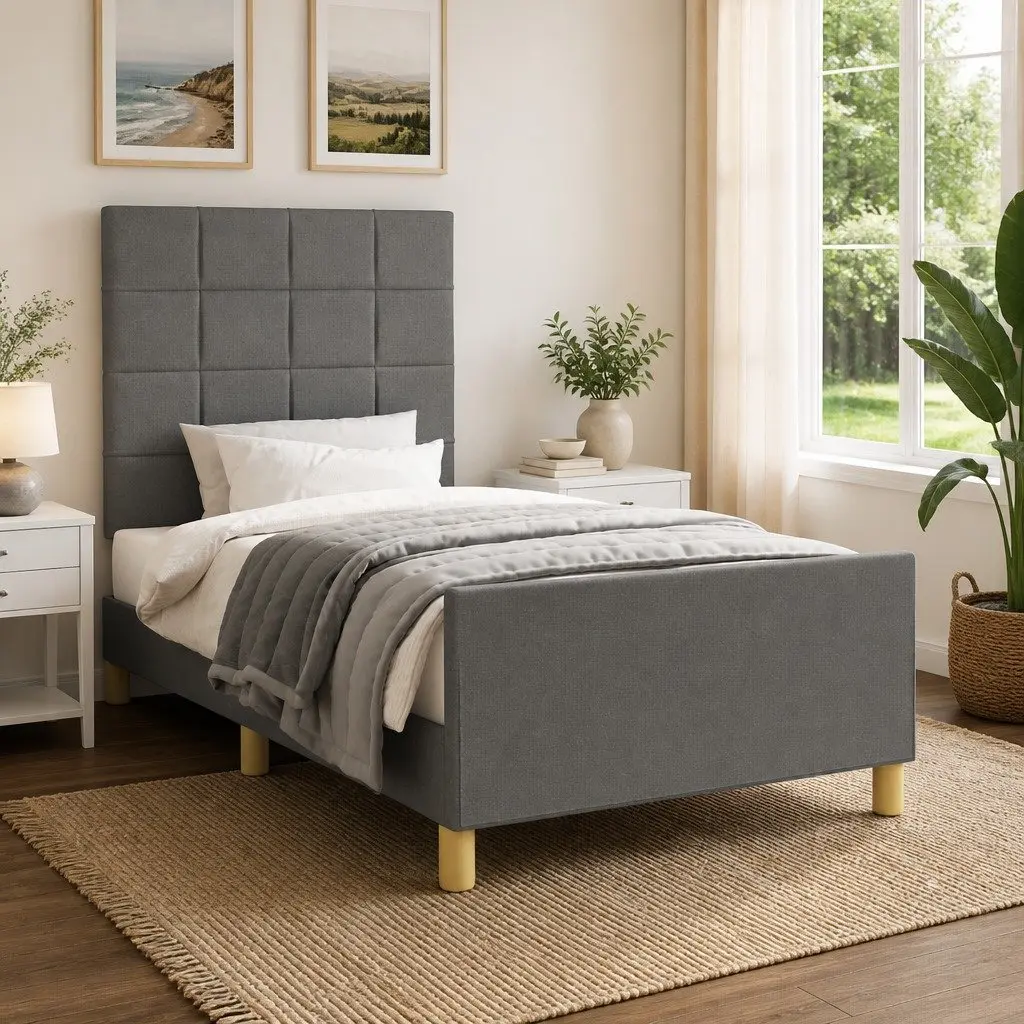 King Single Bed Frame Adjustable Height Grey Fabric Plywood Slats