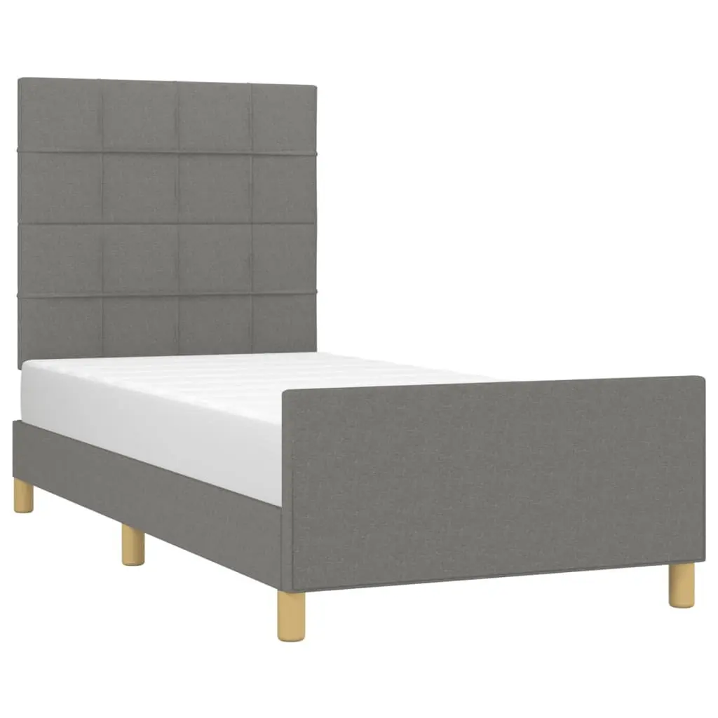 King Single Bed Frame Adjustable Height Grey Fabric Plywood Slats