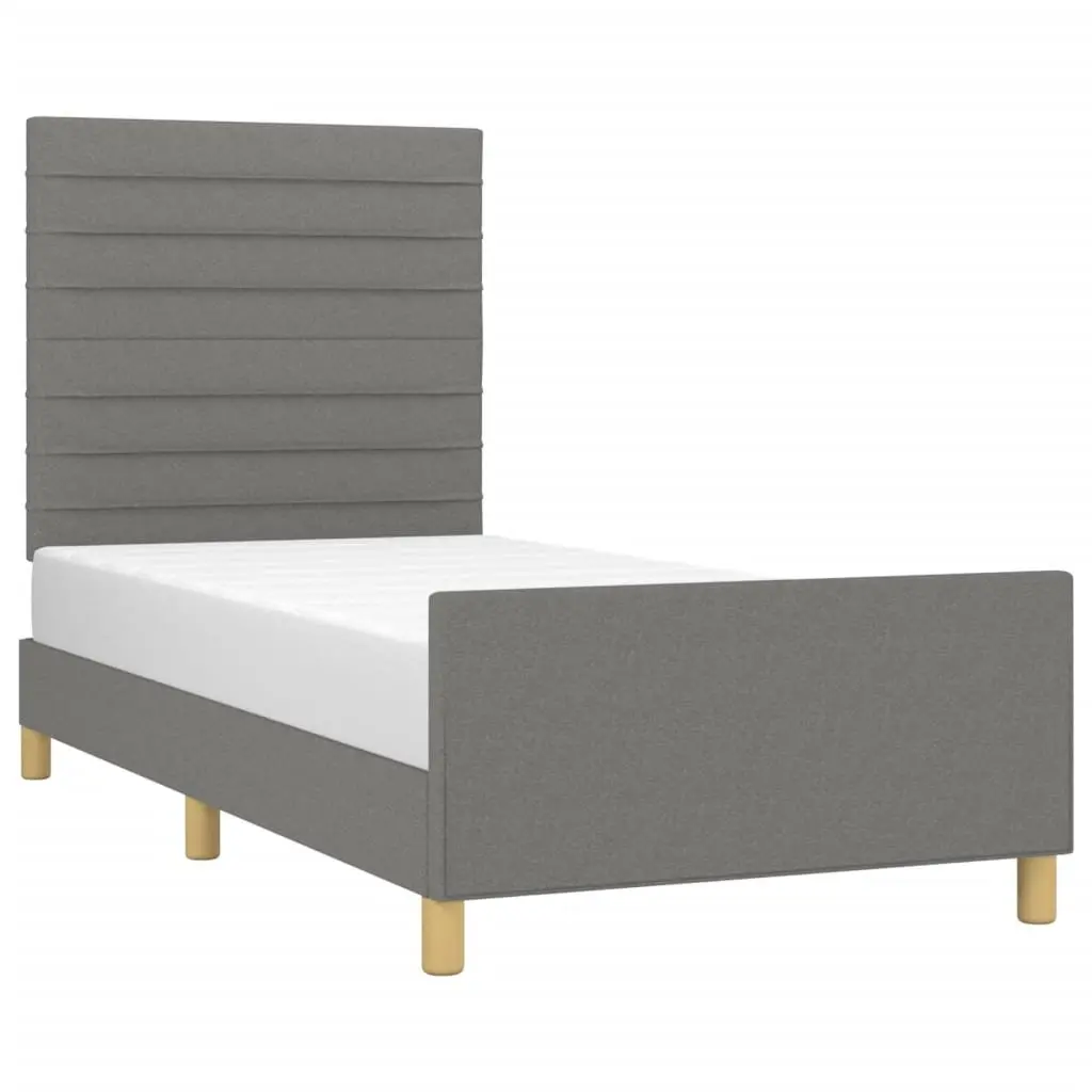 King Single Bed Frame Grey Fabric Headboard Adjustable Height Plywood Slats
