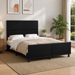 Double Bed Frame with Headboard 137x187cm Black Faux Leather Adjustable Support