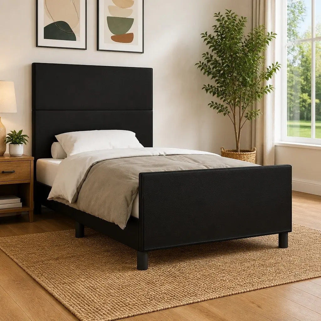 King Single Bed Frame with Headboard 107x203cm Black Faux Leather