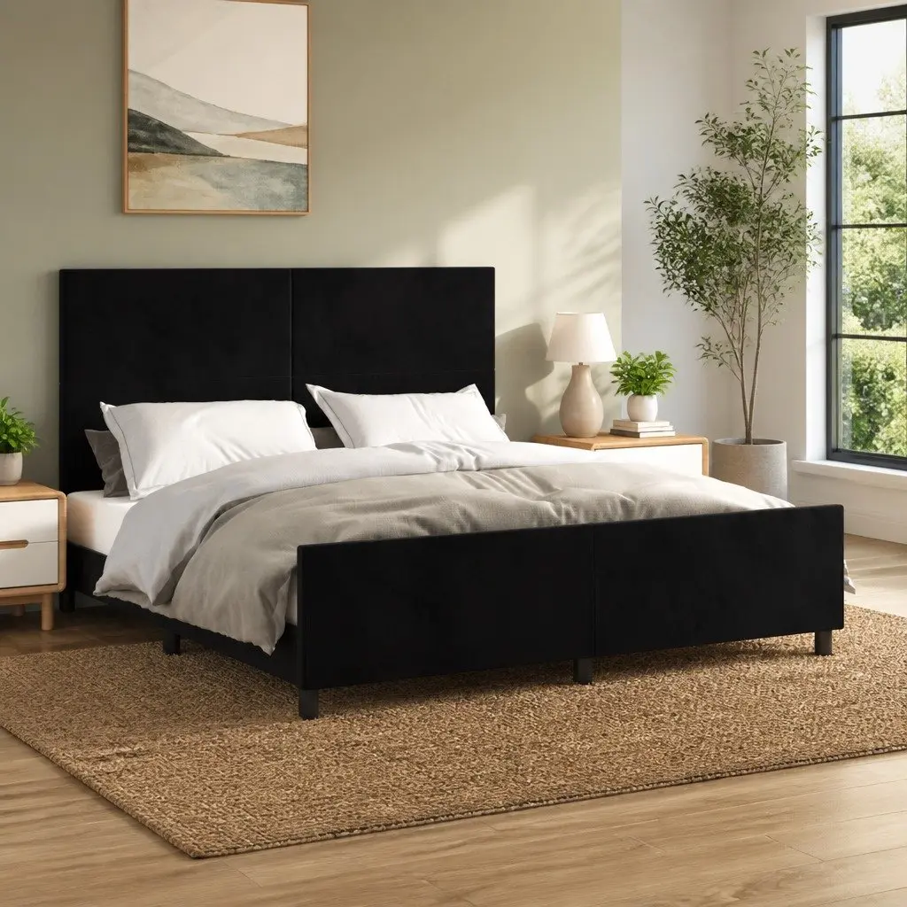 Queen Bed Frame Adjustable Height 152x203cm Black Velvet Plywood Slats