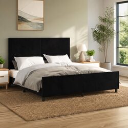 Queen Bed Frame 152x203cm Black Velvet Headboard Adjustable Height Plywood Slats