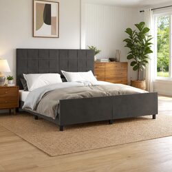 Queen Bed Frame with Adjustable Headboard, Plywood Slats & Sturdy Legs, Dark