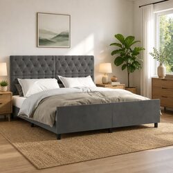 Queen Bed Frame Dark Grey Velvet Headboard Adjustable Height Bedroom Furniture