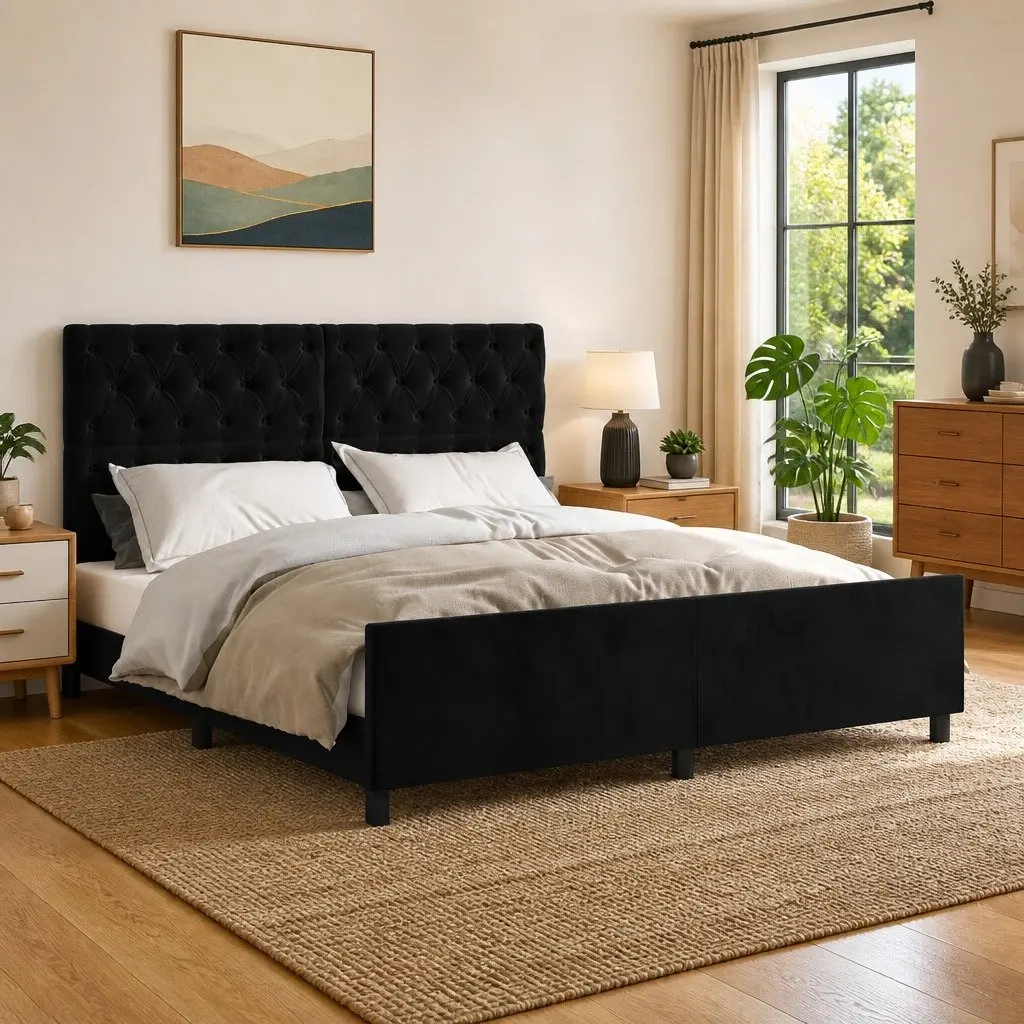 Queen Bed Frame Adjustable Height 152x203cm Black Velvet