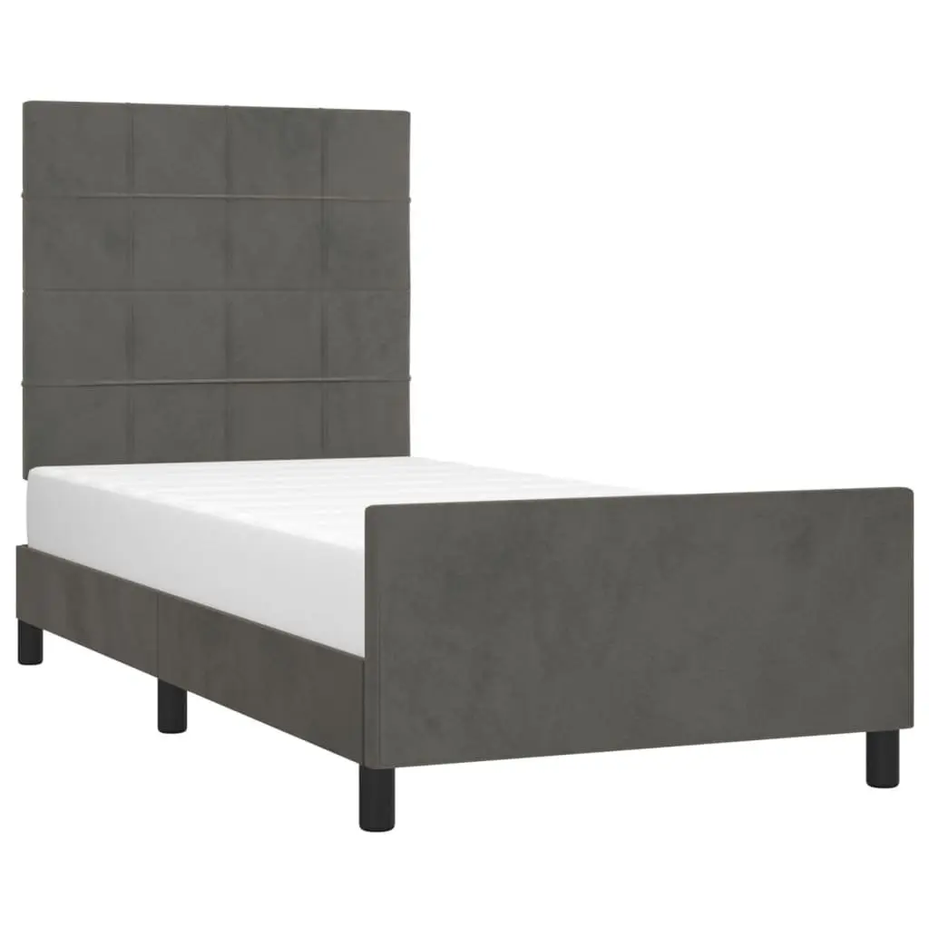 King Single Bed Frame Grey Velvet Headboard Adjustable 107x203cm No Mattress